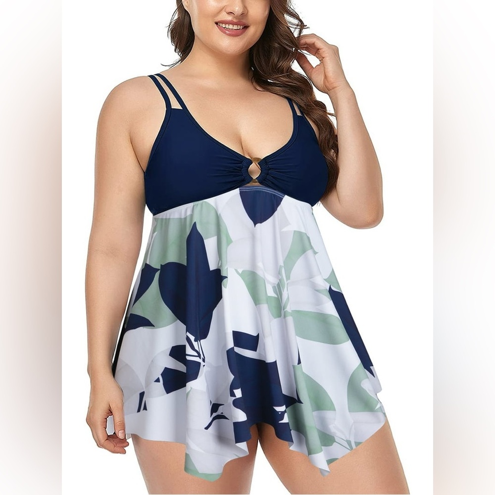 Plus Size STwo Piece Tankini Set Flowy Swimdress with Boyshort